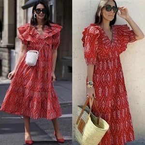 Zara Cutwork Embroidery Eyelet Ruffle Midi Dress